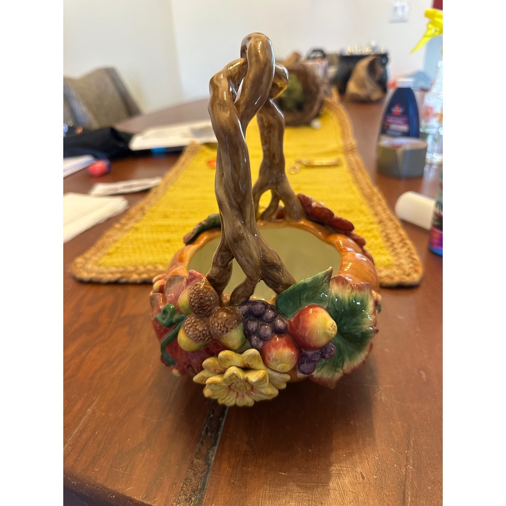 Fitz & Floyd Autumn Harvest Pumpkin Basket Ceramic Acorns Grapes Fall Decor GUC